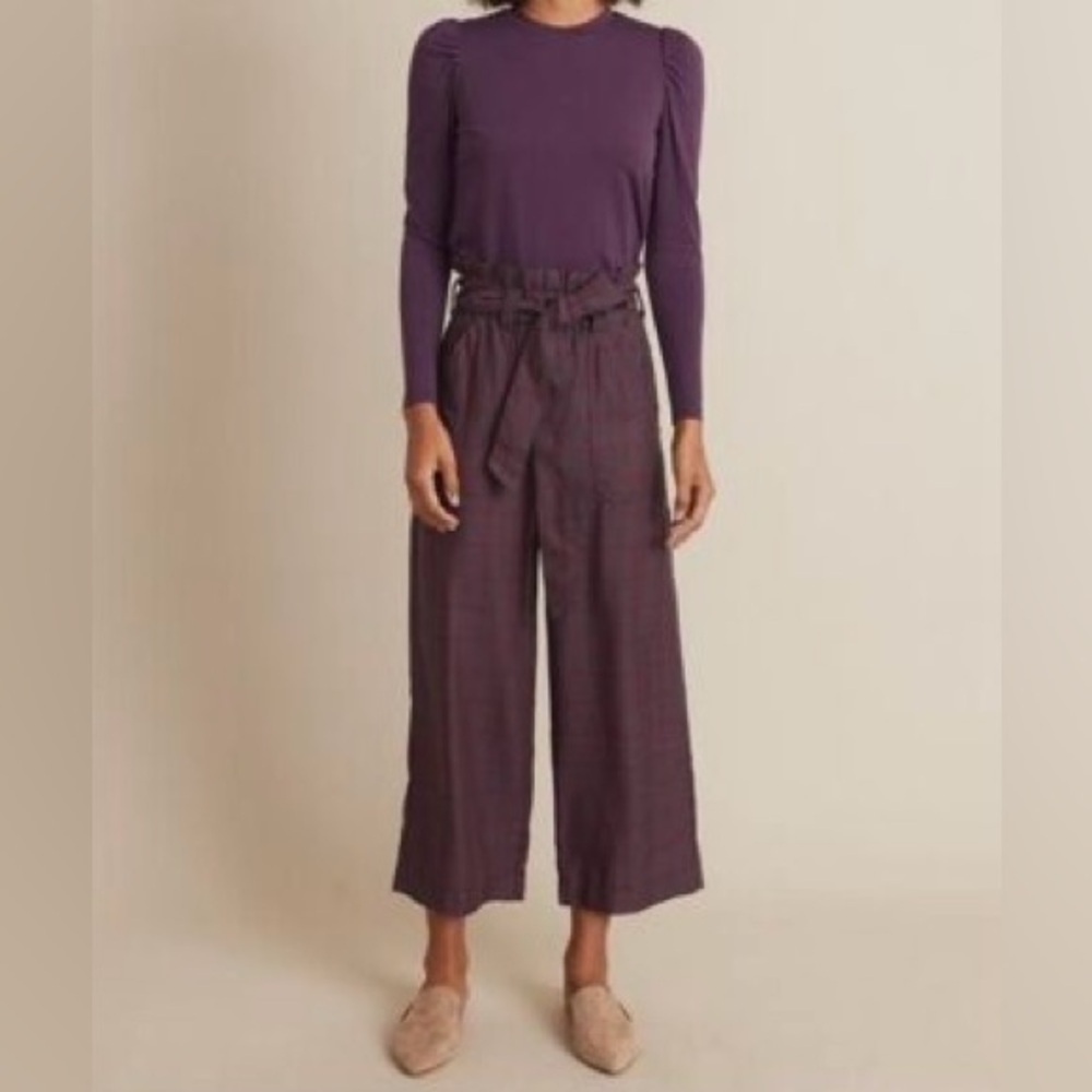 NWT Marine Layer Caroline Wide Leg Plaid Cropped Paperbag Pants Purple XL